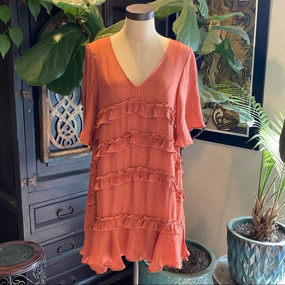 Vici Flawless Ruffled Terra Cotta v-neck Tunic Slip dress - Picture 4 of 16